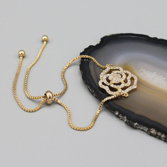 Jewelry bracelet rose flower elegant yellow gold tone adjustable sparkly new - Picture 1 of 6